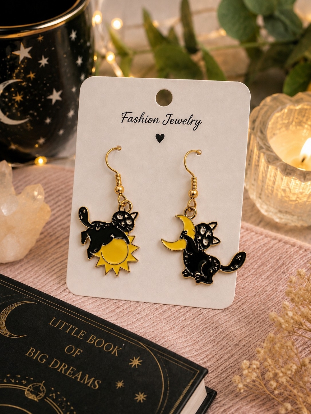 Fashion Jewelry Black & Yellow Cat Sun and Moon Kids Earrings